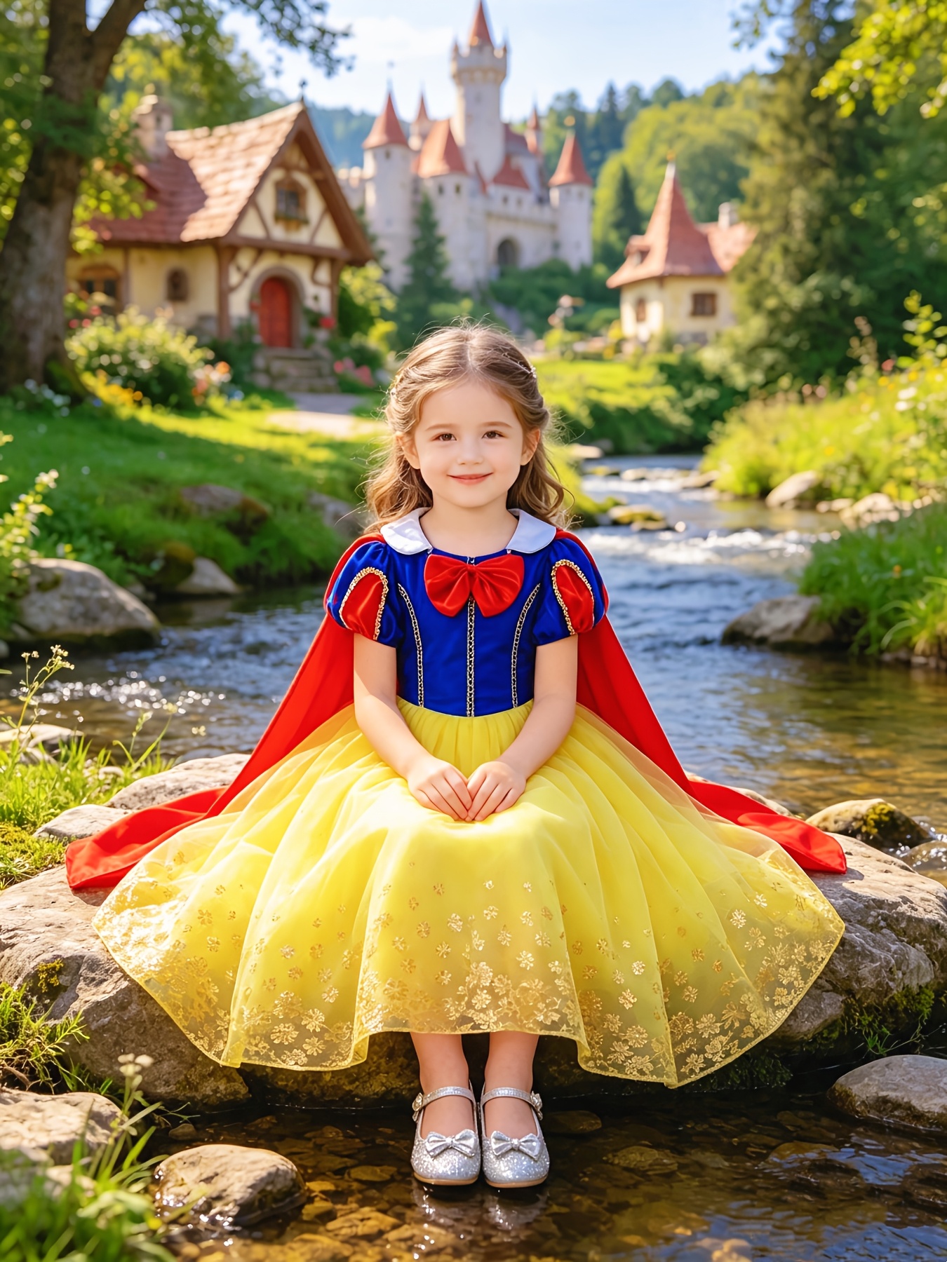 Classic Girls' Color-Block Dress with Red Cape and Accessories