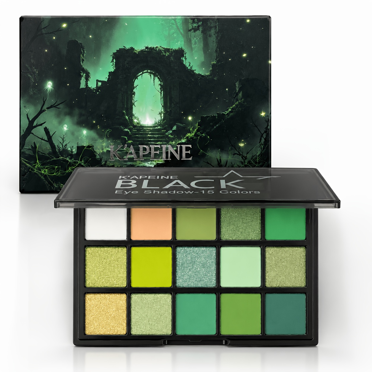 Image of K'apeine 15-color Green Eyeshadow Palette, Matte Shimmer Glitter Forest Eyeshadow, High Long-lasting Waterproof Makeup For Cosplay Halloween Party Stage