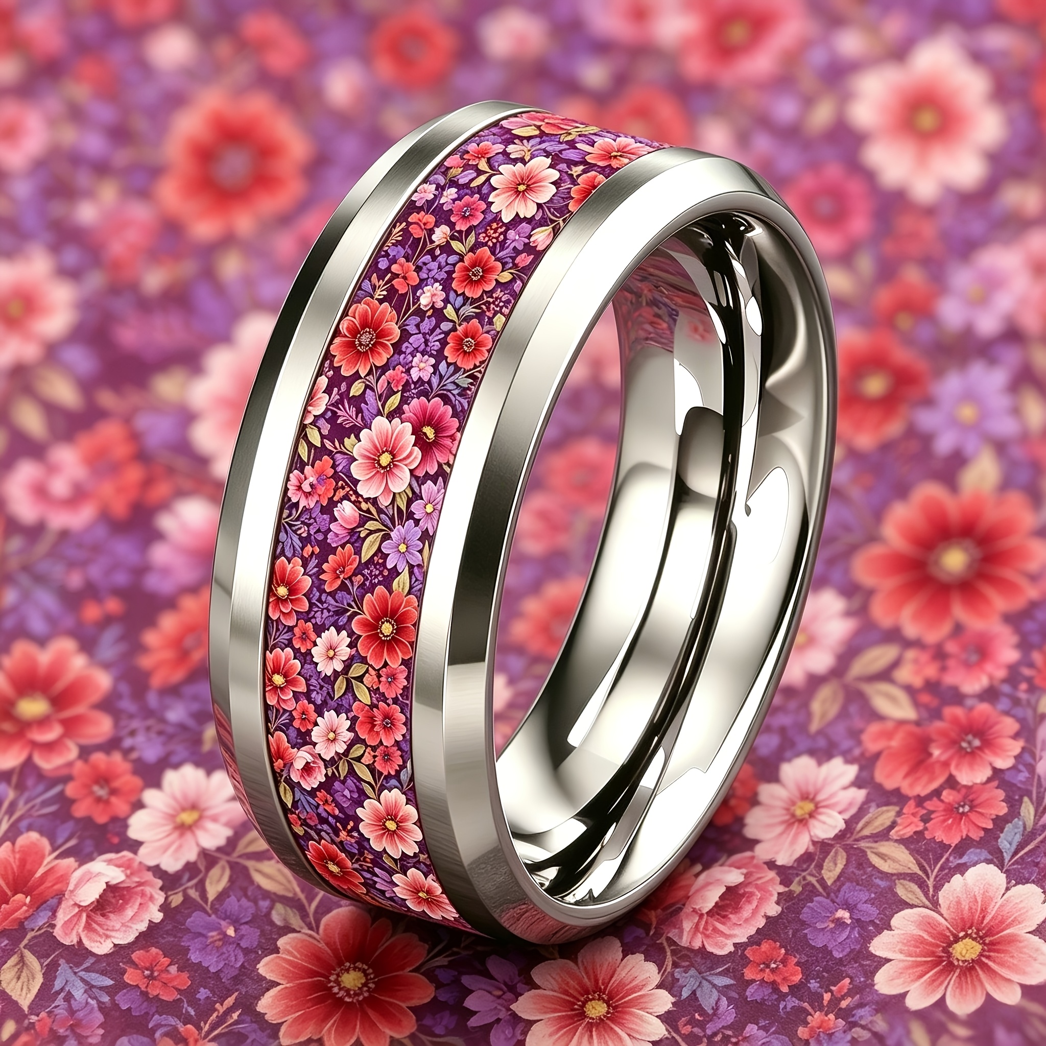 Vintage Purple Floral 304 Stainless Steel Ring