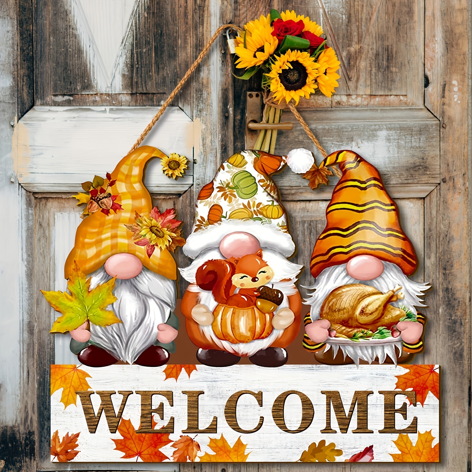 

Thanksgiving Autumn Welcome Sign - 12x10in Wooden Door Decor With Pumpkin, Rustic Farmhouse Harvest Wall Plaque