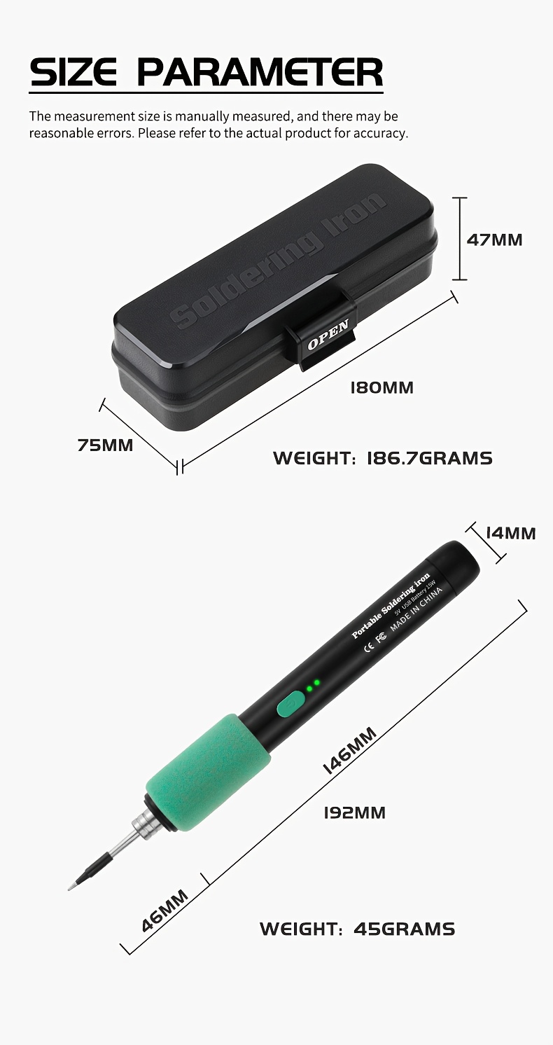 mini soldering iron set 5v adjustable temperature, usb rechargeable portable soldering tool, suitable for home appliance repair, jewelry making, diy projects -   soldering iron, three soldering iron tips, rosin, stand, storage box, tin soldering iron, soldering and  , soldering iron kit, tin soldering wire, soldering and repair station, electric soldering iron, soldering station Product details 8