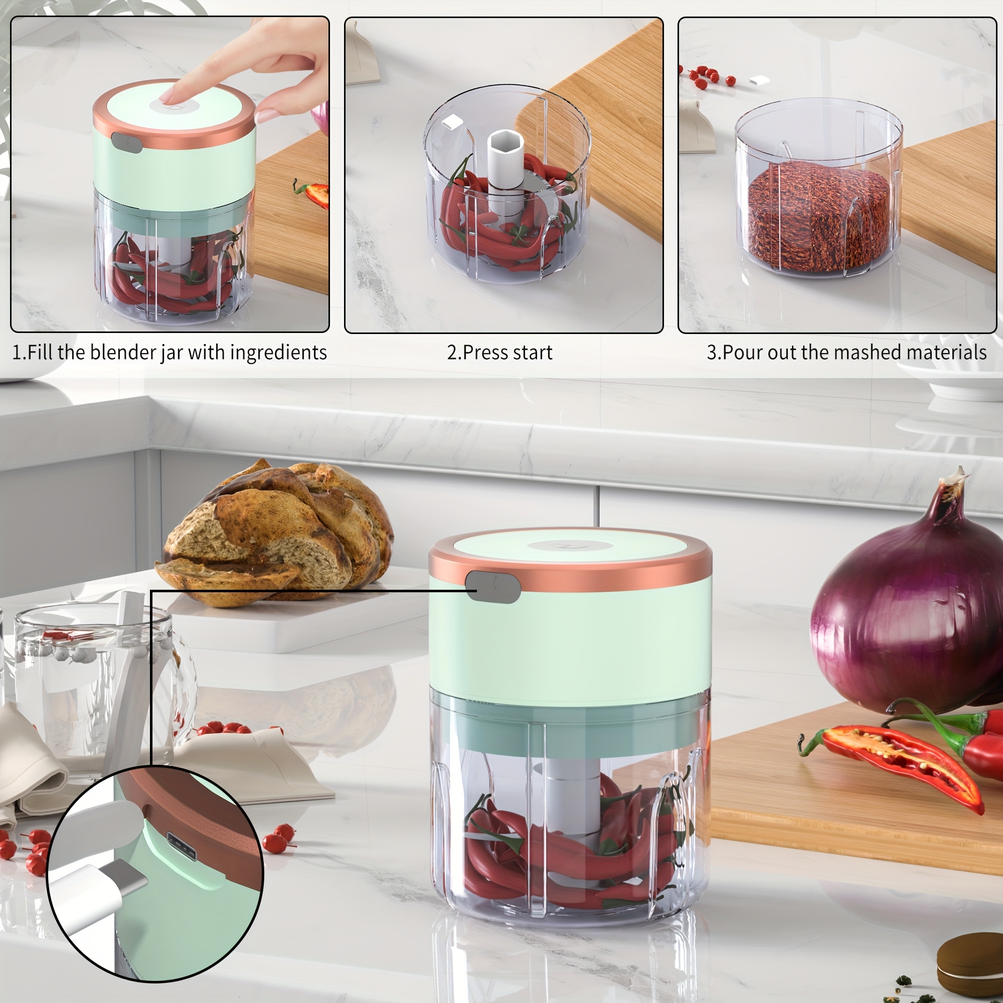 meat grinder vegetable chopper electric garlic chopper usb rechargeable mini chopper powerful small food processor blender for vegetables wireless food chopper for ginger chili fruit meat etc 250ml Product details 3