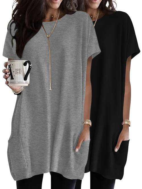 womens fashion top and casual loose shirt 2pcs set with pockets elegant comfortable short sleeve round neck long t shirt