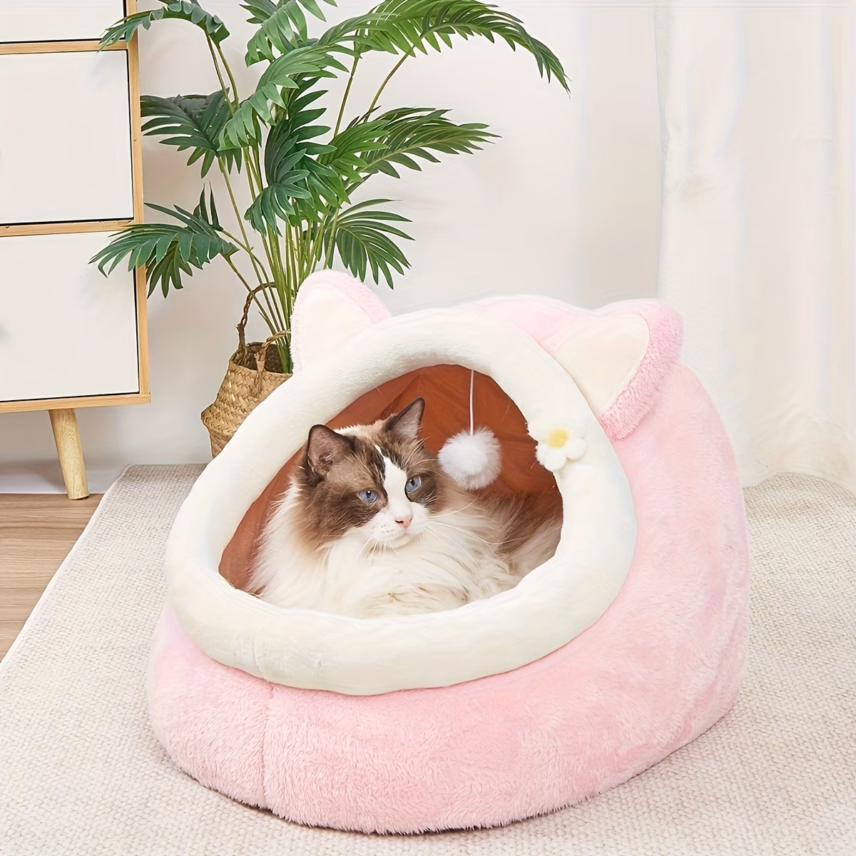cat beds for indoor cats cute cat bed cave with hanging toy small cat houses with removable washable portable no deformation pet bed house design pink multiple sizes Product details 0