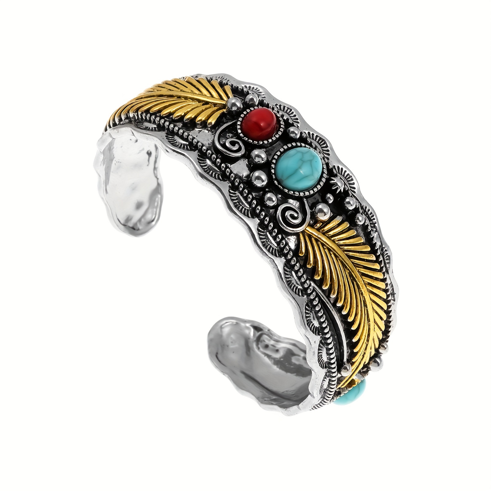 E-shop 1 Herren offener Armreif, antik silbrig mit Türkis-Einlage, verstellbares offenes Design, Vintage-dunkler Stil, hochwertig vielseitig