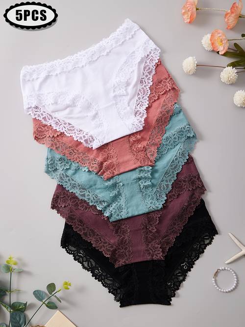 5pcs womens dopamine briefs with contrast lace trim comfortable soft breathable underwear holiday gift new release