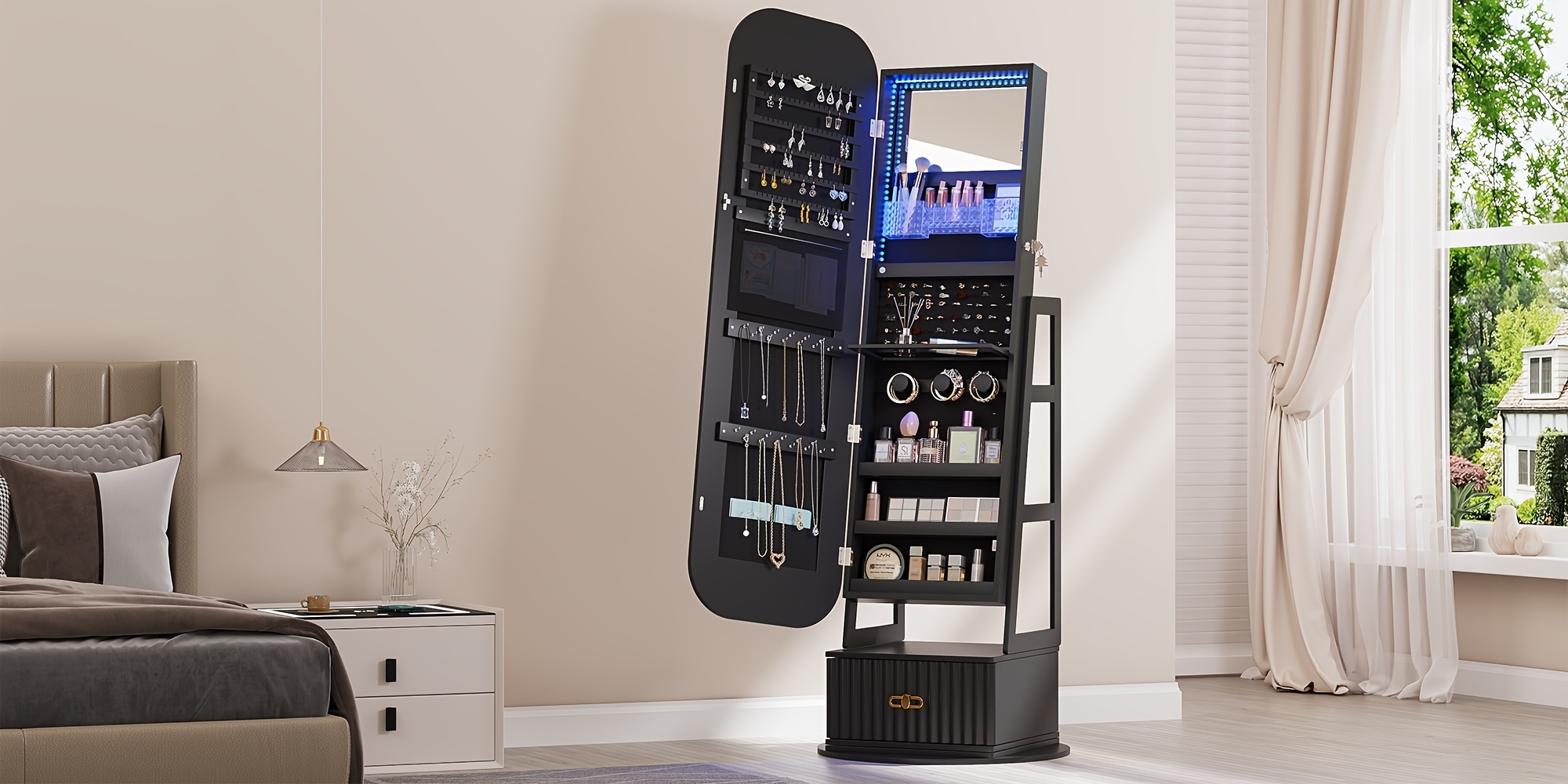 vintage inspired 360 swivel jewelry   cabinet with lights lockable full length organizer with storage drawer for bedroom decor Product details 6