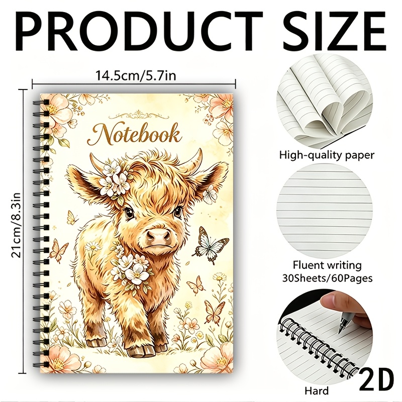 TEMU Cute Highland Cow, , And Watercolor-themed Notebook/journal (a5 Size) - Suitable For Office, Study, Journaling, And Note-taking; Spiral-bound;