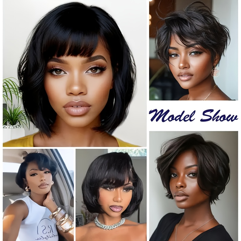 TEMU Brazilian Human Hair Wig Suitable For - Short Cut With Bangs, Glueless Layered Machine-made Wig, Density & For Daily Wear, -and-go Short Black Hairpiece