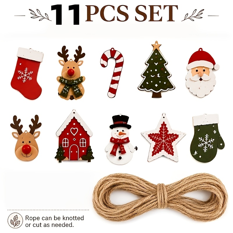 TEMU Juego de 11 adornos navideños de madera, juego de decoración colgante de madera estilo que Papá Noel, Reno, , Árbol de Navidad, Casa, Estrella,
