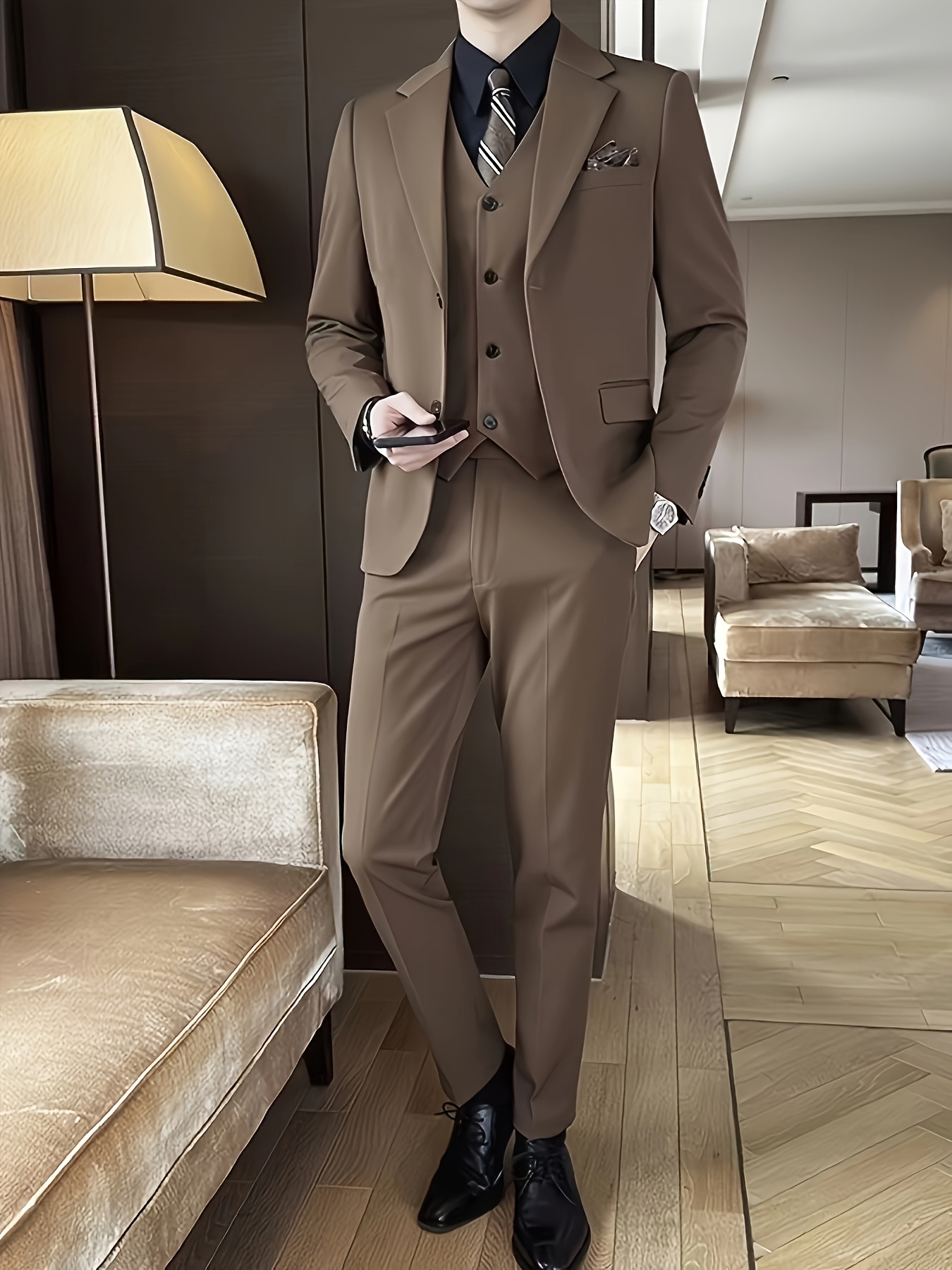 Men'S Elegant Dark Brown Double-Breasted Blazer - Slim Fit, Long Sleeve, Polyester, All-Season Jacket for Formal & Casual Occasions, No Scarf, Formal Attire|Sleek Lapel|Polyester Fabric