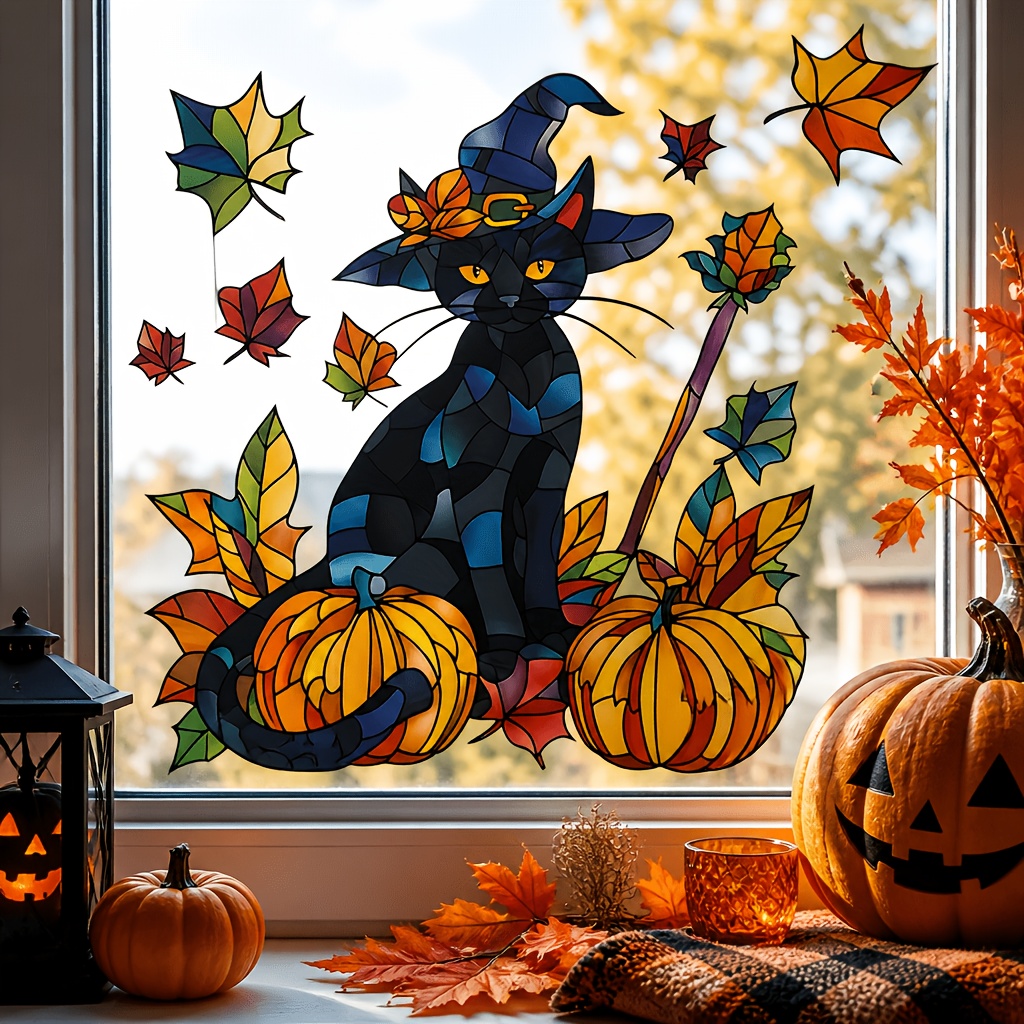 TEMU 1pc Halloween Stained Glass Black Cat Window Cling, Double-sided Hat, Black Cat, Pumpkin, And Maple Leaf Window Decal, Self-adhesive Removable