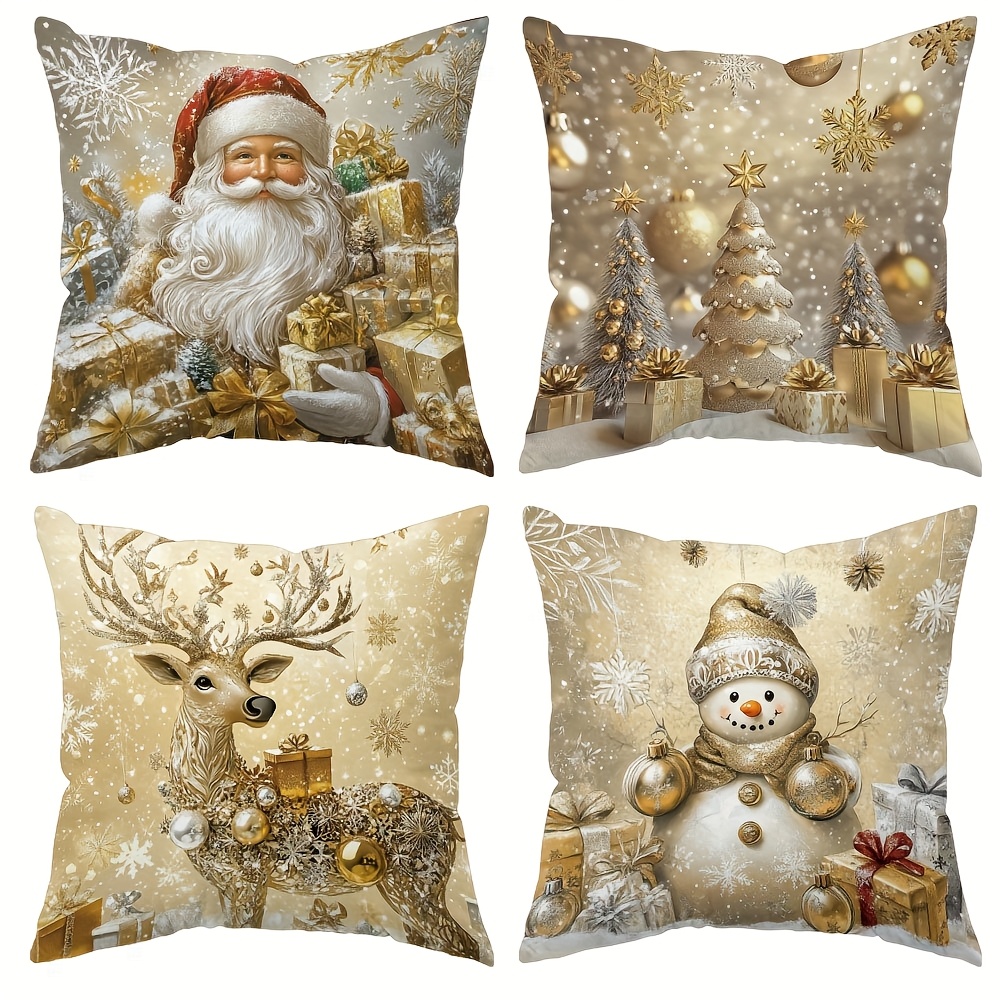 TEMU 4pcs Santa Claus Print Throw Pillow Covers, Double-sided Polyester Printed Cushion Cases With Zipper Closure, Decorative Pillowcases For Living