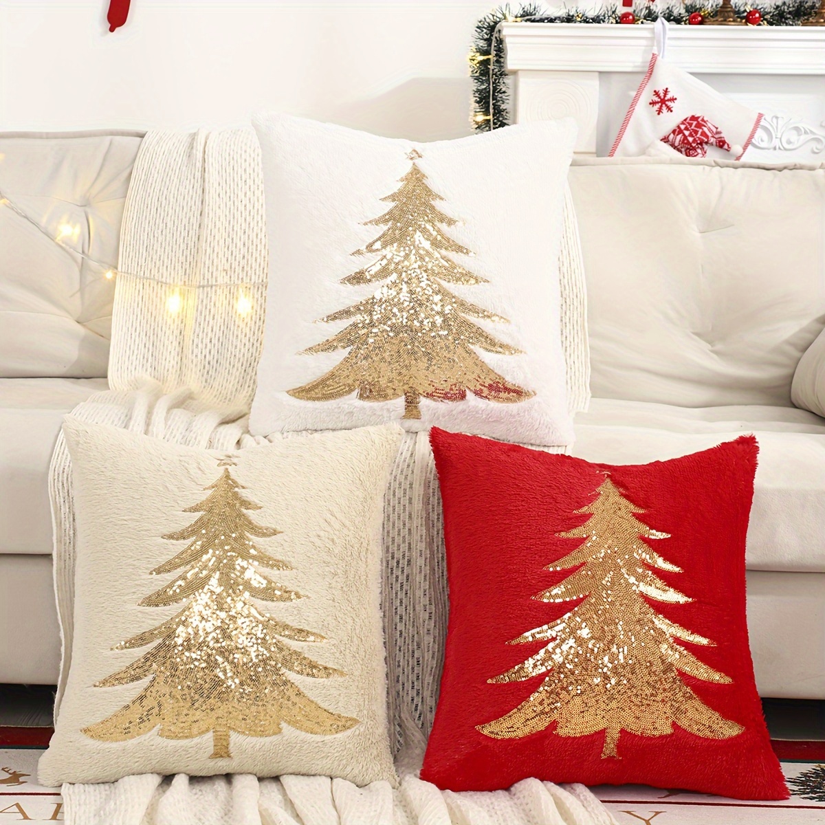 

Traditional Style Christmas Tree Throw Pillow Covers Set Of 2, Geometric Pattern Knit Fabric, Polyester Zipper Closure, Hand Wash Only - Ideal For Living Room Decor