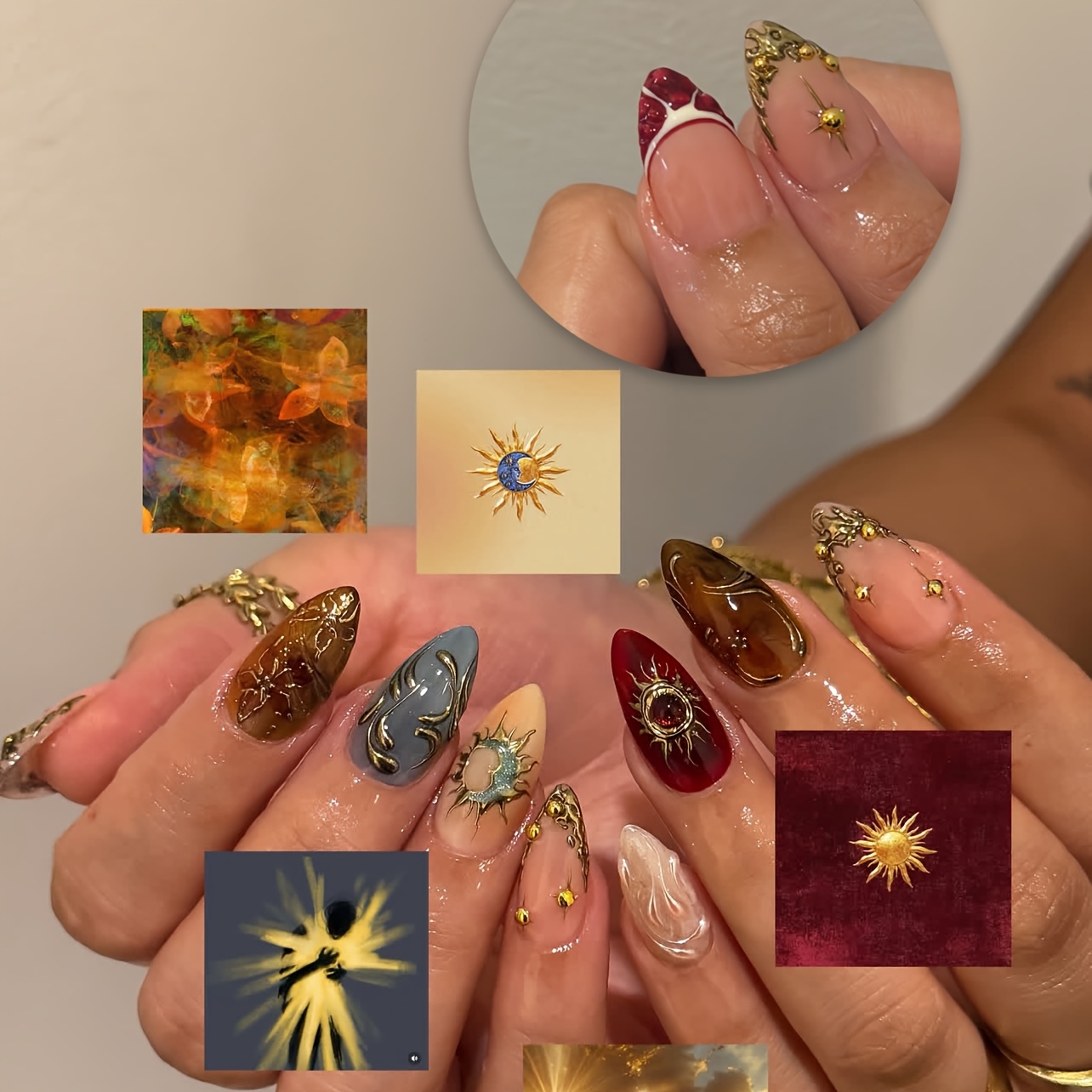 TEMU 24pcs Faux Ongles à Pression Peints à pour Mains et Pieds, Faux Ongles Moyens avec Paillettes Tourbillonnantes Dorées Soleil Lune Étoile, Ongles