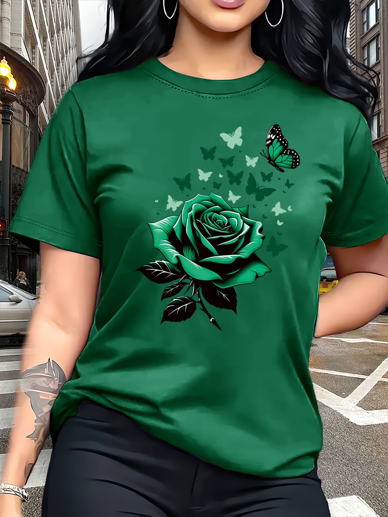 womens casual t shirt chic   pattern print t shirt rose elements gifts casual crew neck top breathable light and comfortable suitable for spring and summer wardrobes