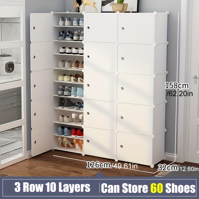 Image of 8-60 Pairs Expandable 3x10 Tier Shoe Rack With Doors & Key Holder, Portable Shoe Organizer For 8-60 Pairs Boots, Slippers, And More (white), 1/2/3rows, 4/6/8/10 Layers