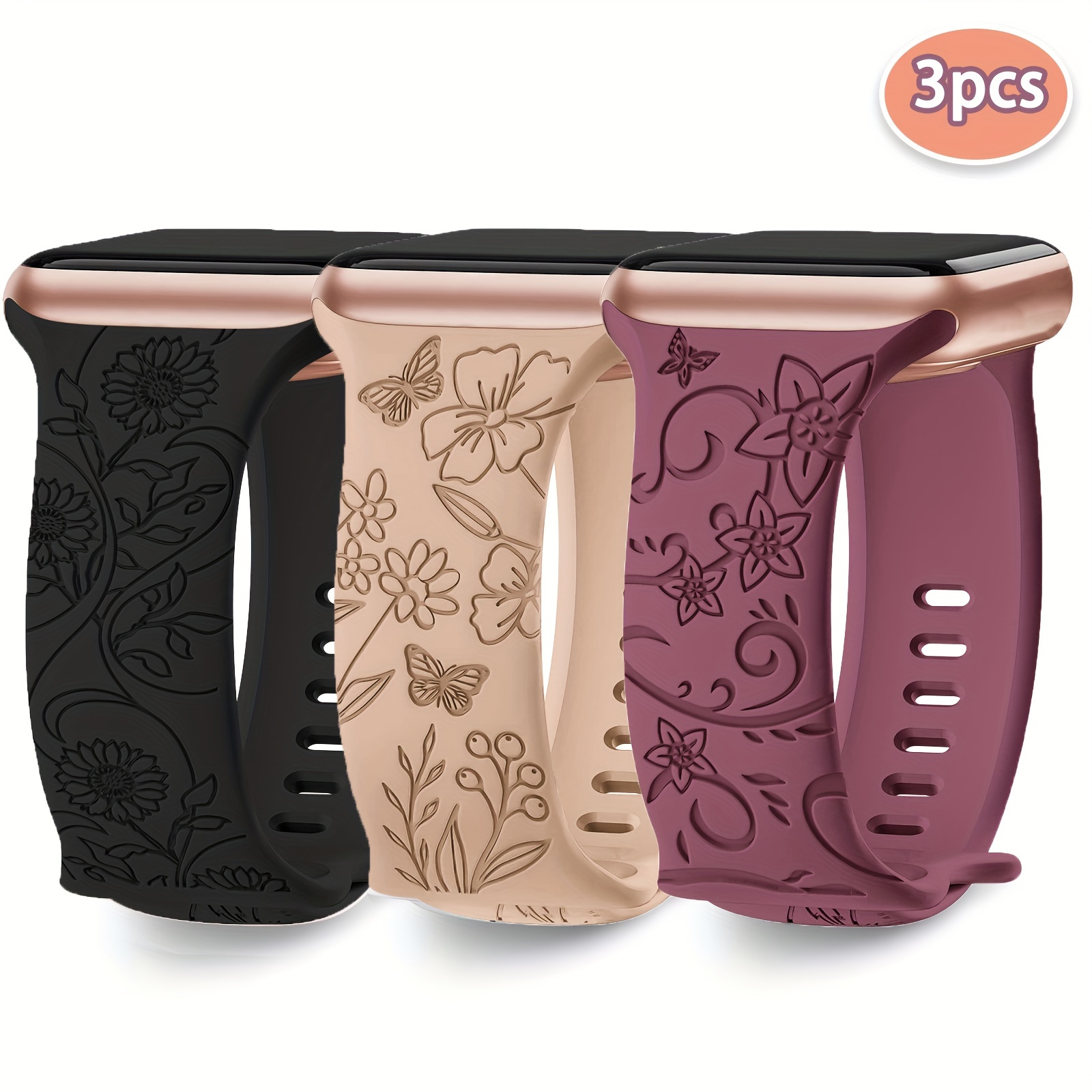 Image of 3 Pack Floral Engraved Bands Compatible With Watch Band 38mm 40mm 41mm 42mm 44mm 45mm 46mm 49mm Women Men,soft Cute Wildflowers Strap For Iwatch Bands Series 12 11 10 9 /2/1 7 6 5 4 3 2 1