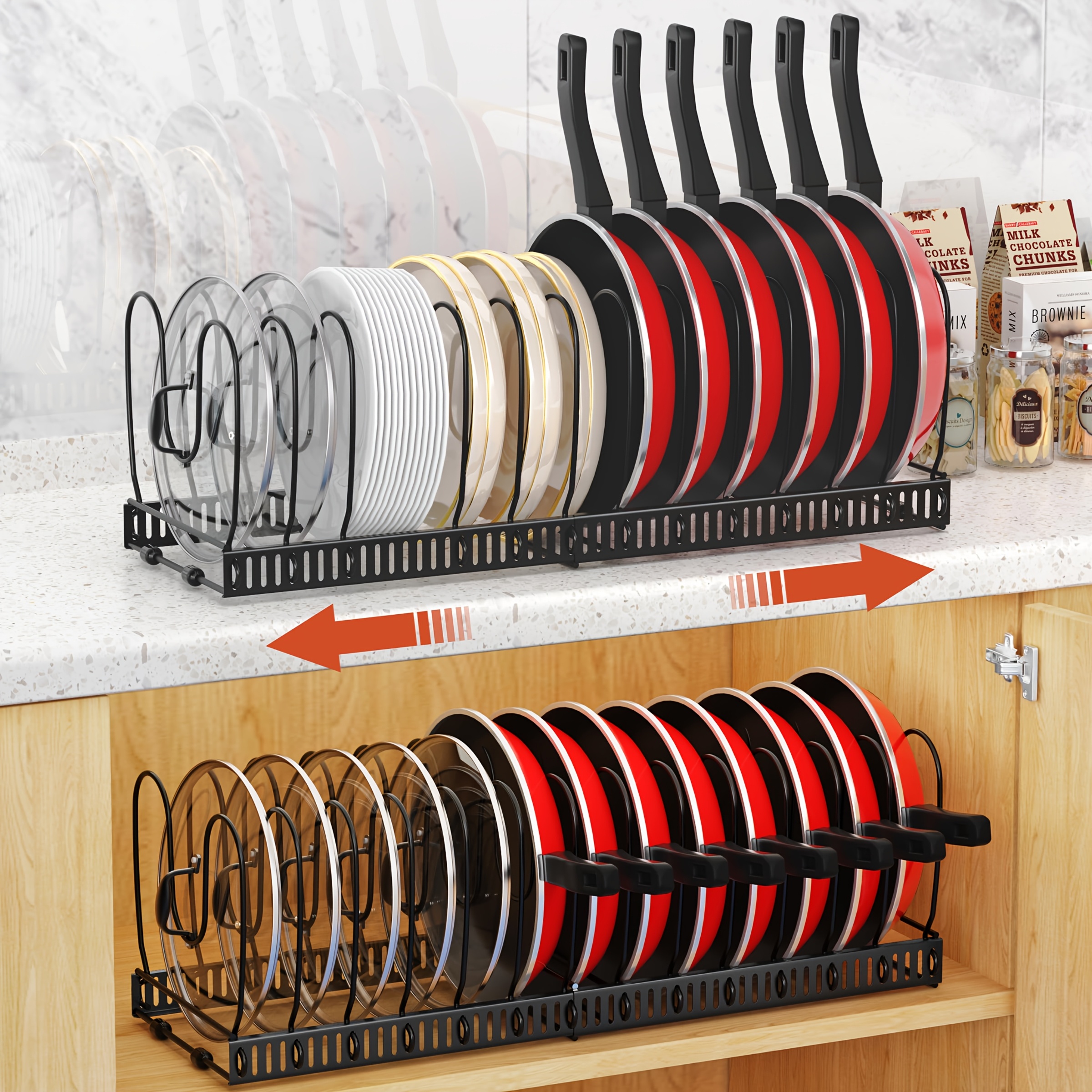 TEMU Expandable Organizer Rack For Pots And Pans, Featuring A Holder For Pot Lids With 10 Adjustable Dividers, Suitable For Commercial Cutlery, In