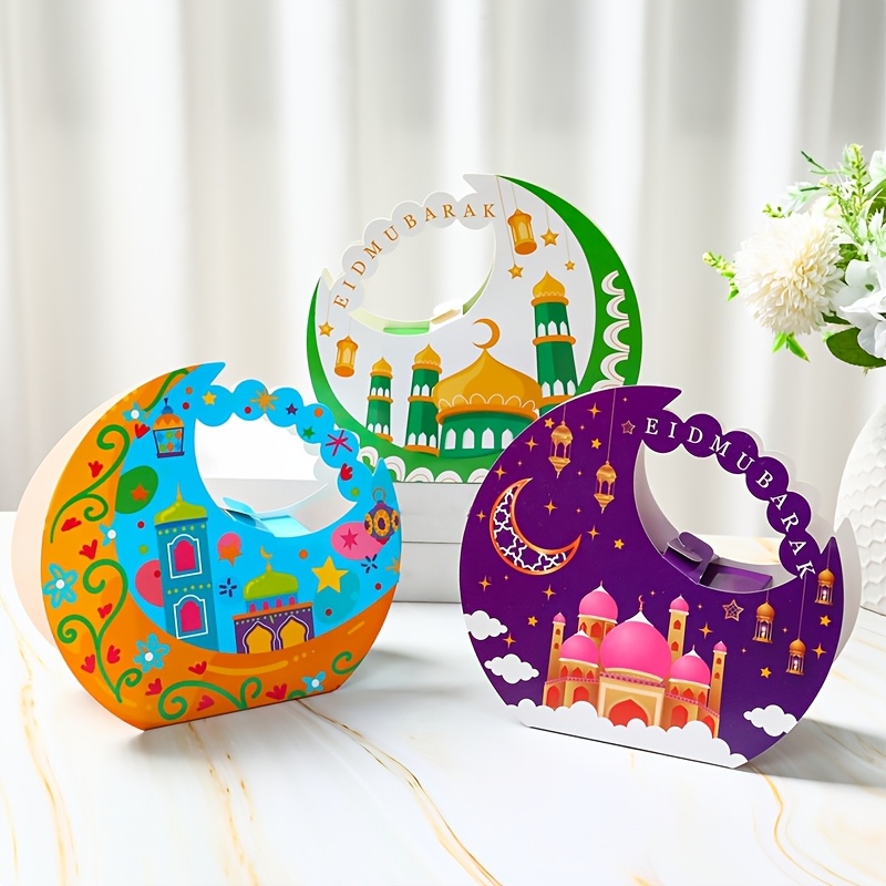 

4-pack Eid Handheld Gift Boxes, Party Supplies, Castle & Moon Lantern Design, Paper Candy Boxes, Ramadan Decoration For Home, Eid Al-fitr & Ramadan Decor Packing Boxes