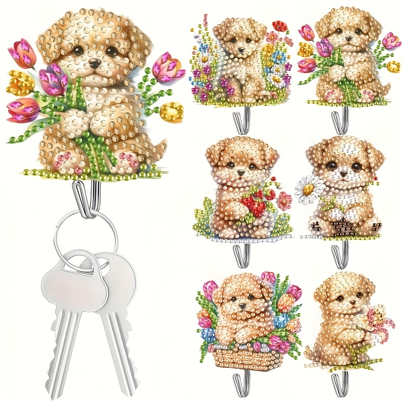 TEMU 6pcs Set Of Cute Puppy Diamond Painting Hooks, Inlaid With Irregular Acrylic Rhinestones, Wall-mounted Decorative Art Craft Hooks In Round And