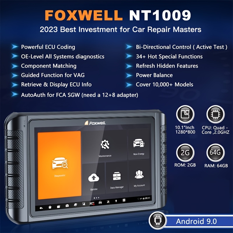 FOXWELL NT1009 Professional Automotive Diagnostic Tool - Multi-System Bidirectional Scanner with Active Control, ECU Coding, Key Programming, Without Battery