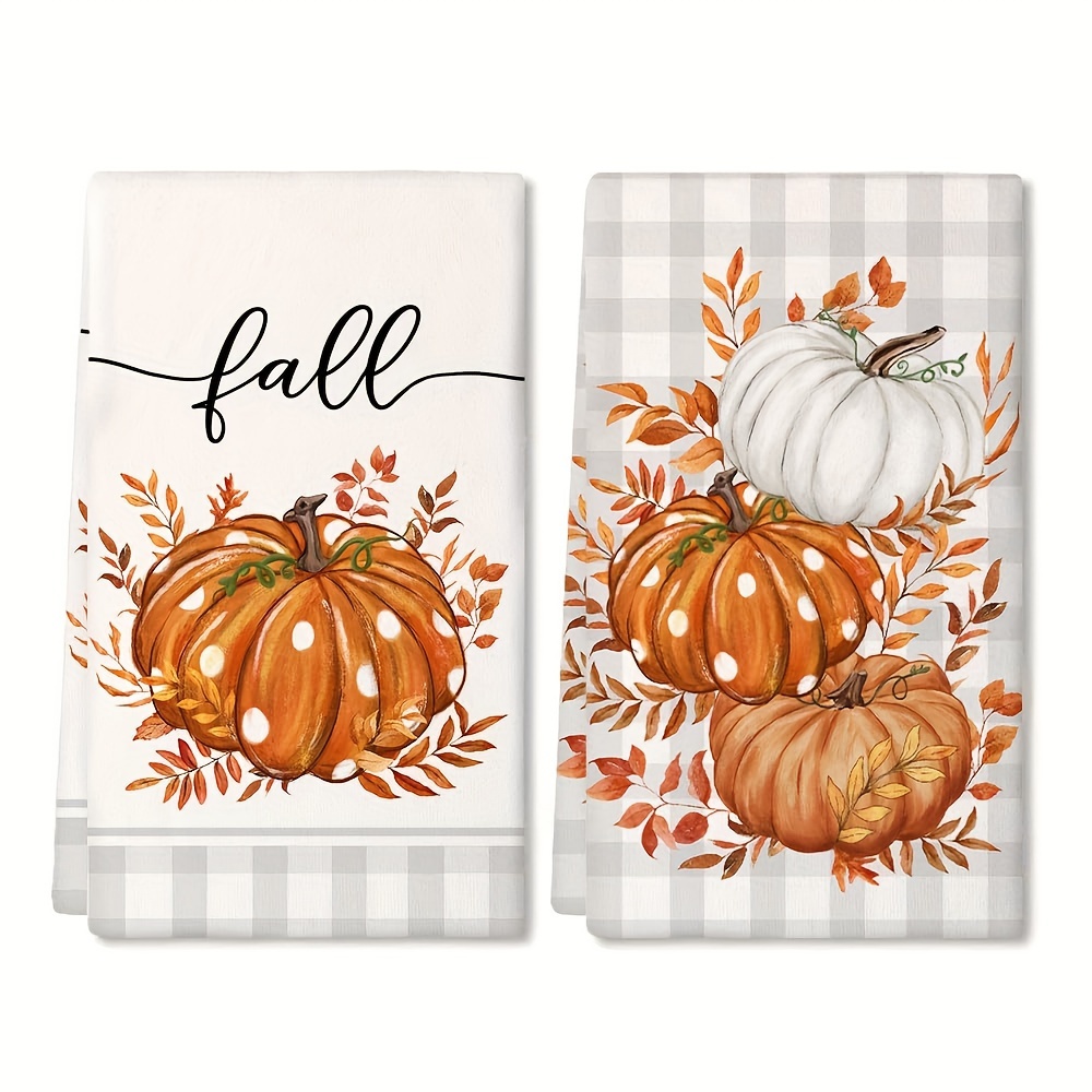 

2-pack Modern Fall Kitchen Towels, Orange Pumpkin & Grey Buffalo Check Design, Super Soft Polyester Dish Towels, Farmhouse Autumn Dishcloth, Food-themed Woven Towels For Home Decoration