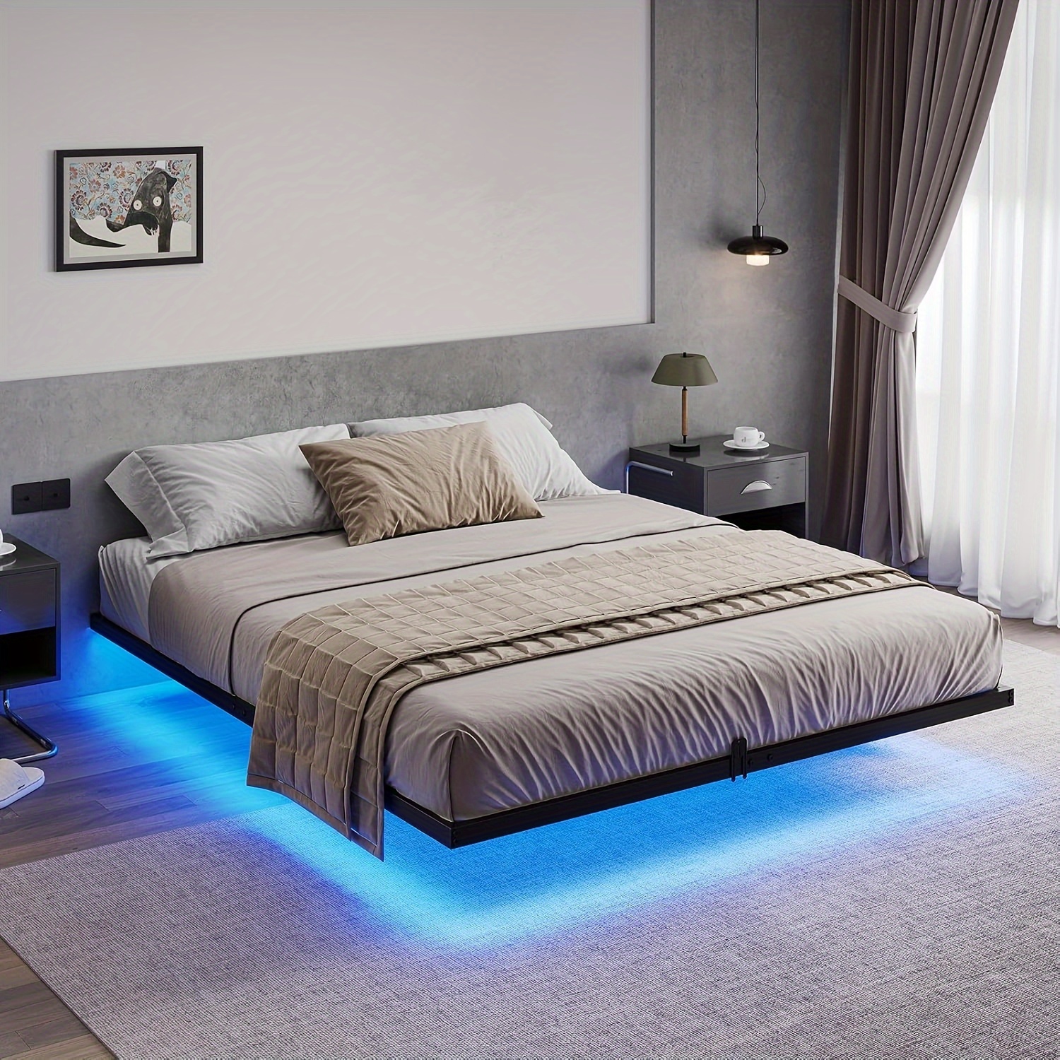 TEMU Full Size Frame Metal Platform Bed With Led Lights, Full Frame With 4 Mattress Slide Stopper, Black