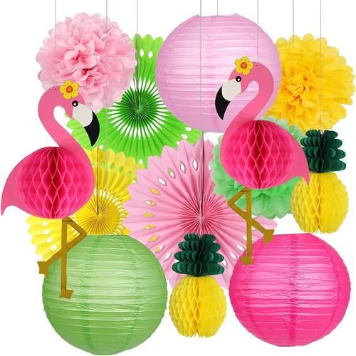 conjunto de decoração de festa flamingo de 13 peças, 2 bolas de , 2 ananases, 3 leques de flores, 3 lanternas e 3 bolas de flores de papel, adequado para festas de verão, chás de panela, despedidas de solteira, festas de estilo havaiano
