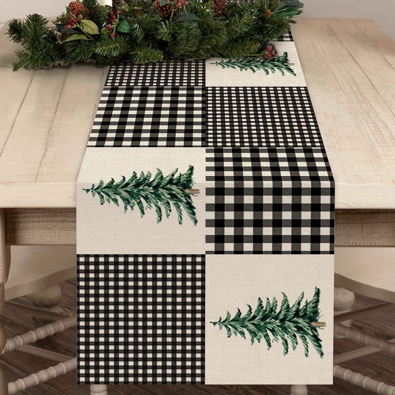 

Christmas Table Runner - Black & White With Design, Holiday Dining & Home Parties, Indoor/outdoor Use, Best For Christmas