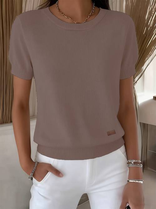 lässiger damen pullover - kurzarm lockerer rundhals, leicht dehnbar bequemes oberteil, strukturiertes design, strapazierfähiges gewebe, modische strickware, weiche textur, elastisches oberteil, trendiger stil