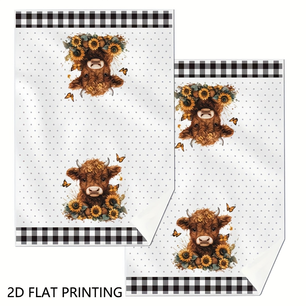 TEMU 2pcs Highland Cow & Sunflower Kitchen Hand Towels - Soft Polyester, Design With Checkered Borders & Butterflies, Ideal For , Cleaning, Outdoor