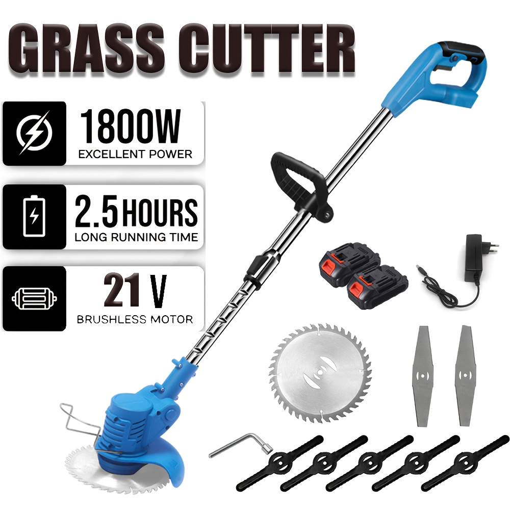 

21v Telescopic Handheld Cordless Lawn Trimmer Electric Lawn Mower 2-pack 1500mah Rechargeable Battery Fast Charger Electric Lithium Trimmer With Plastic/stainless Steel Blades, Saw Blade