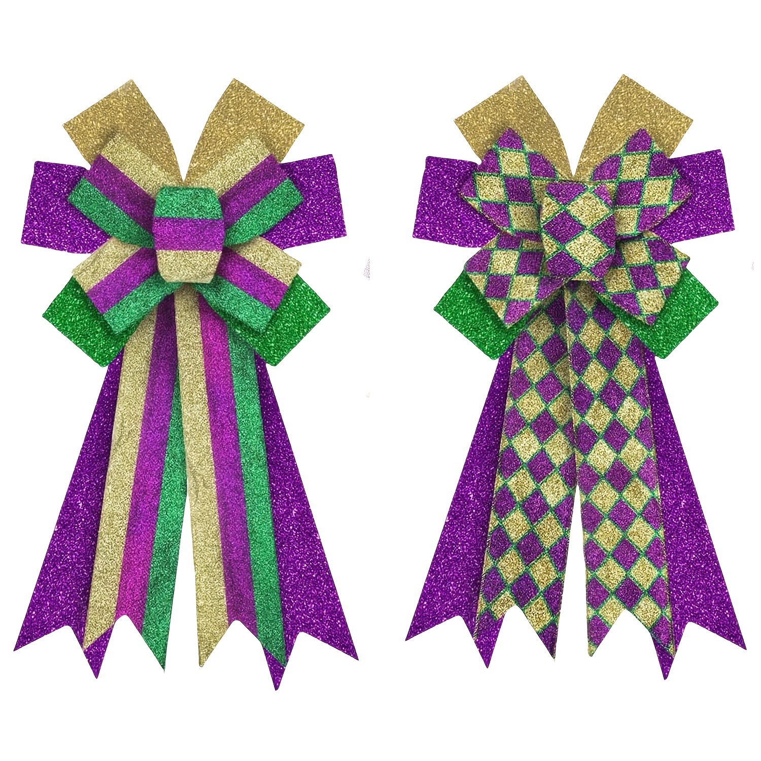 

1pc Mardi Gras Bow - Large, Glittery Purple, Green & Golden Bow With Checkered Ribbon For Front Door & Wreaths, Polyester, No Battery Needed - Carnival Decor, Bow Decorations