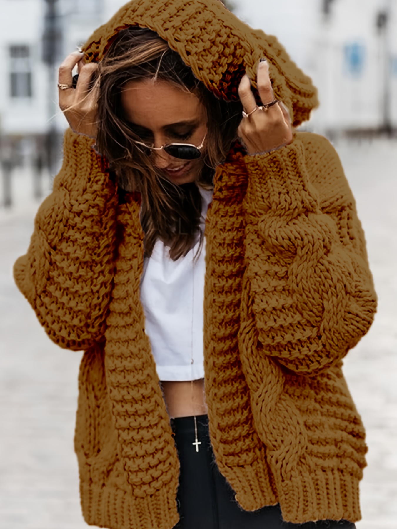 Womens Cardigan Cozy Knit Cardigan Dark Brown Cable Knit Cardigan