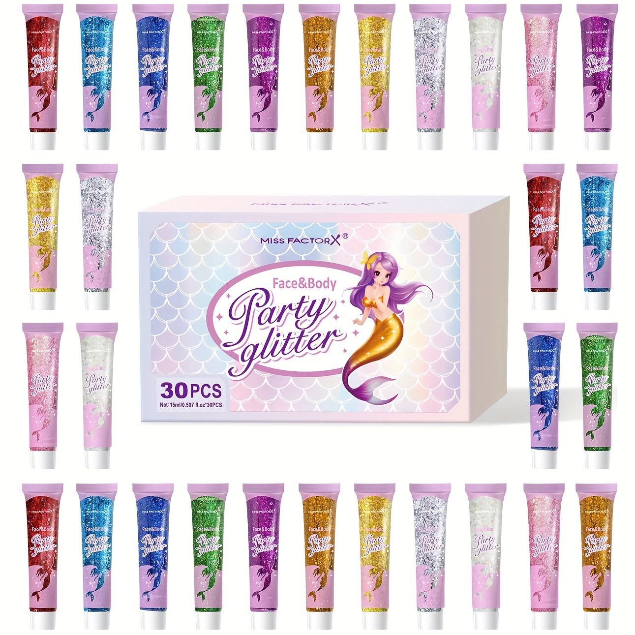 TEMU 30pcs/box Face Glitter, Body Glitter, Transparent White Glitter Gel, Hair Glitter Gel, Shapes Colorful Glitter, Mermaid Sequin Makeup, Face