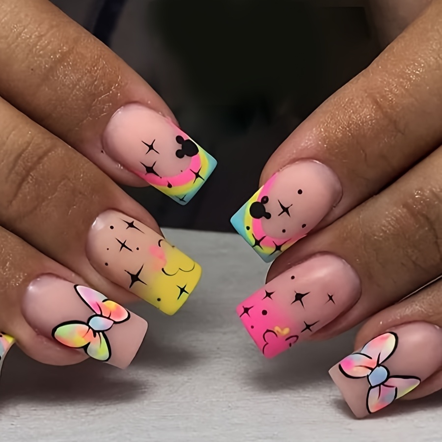 

24pcs Mixed Color Tone Cartoon & Gradient Square Medium Length Press-on Nails, Matte , With Jelly Adhesive & Nail File Kit, Removable Gel Nail Strips