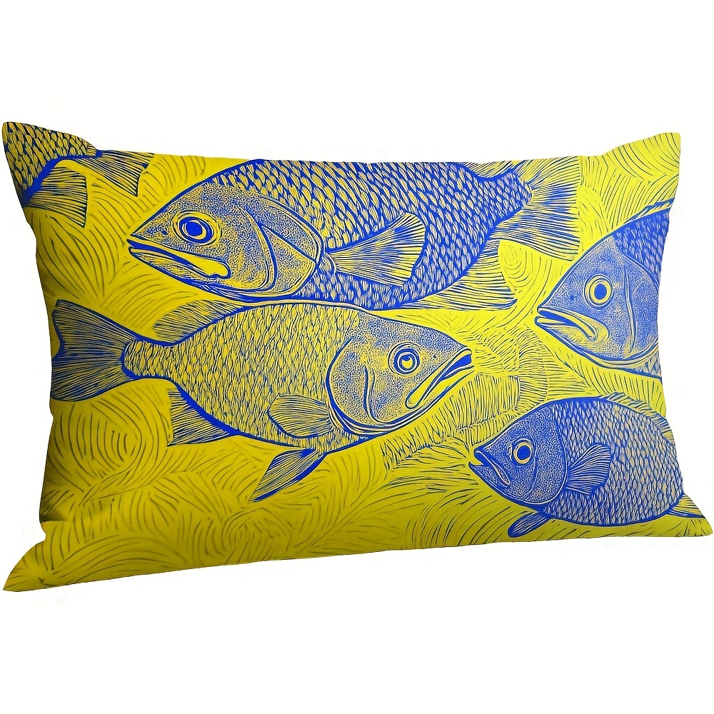 TEMU 1 pièce, Housse de coussin lombaire plate 2D de poisson, Housse de coussin lombaire rectangulaire de style rustique, Convient pour la décoration