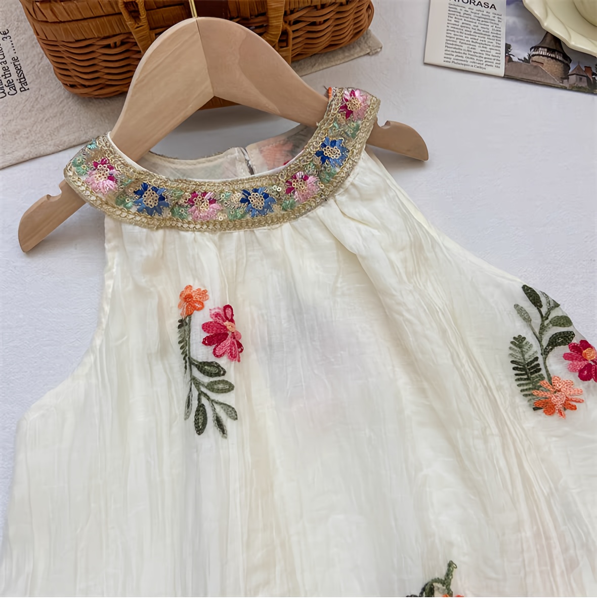 Bohemian Style Summer Dress with Embroidered Flowers, Sleeveless Mesh Overlay For, Perfect for Casual Outings Or Vacation, Lightweight Princess Dresses for Little