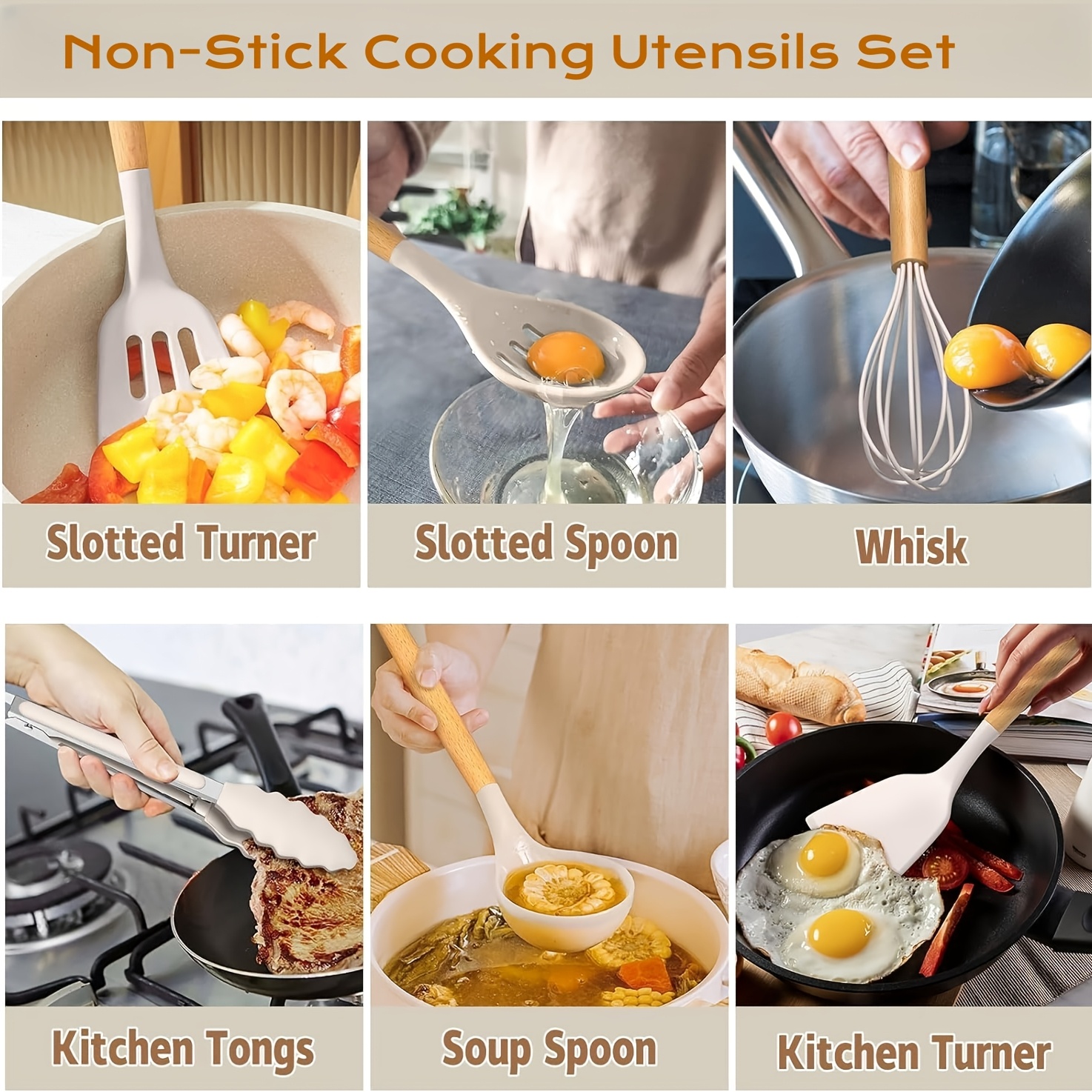 12pcs non stick cooking utensil set with holder   wooden handle turner tongs spatula more   home kitchens details 3