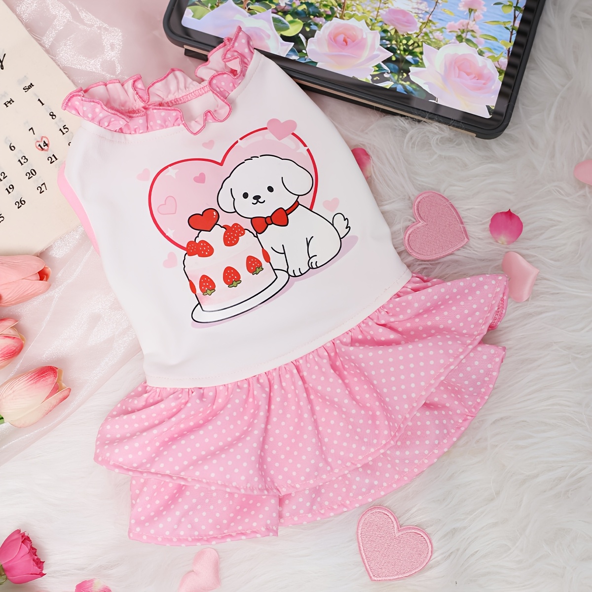 TEMU ピンクのとホワイトファのスプライスドケーキドレス、ヒートプレス加工の子犬バースデーケーキ柄、デー、結婚式、誕生日パーティーに最適な猫と犬用ドレス