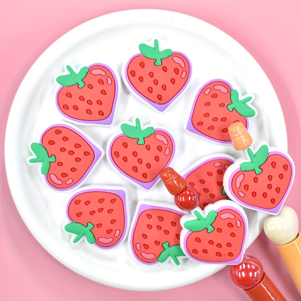 

10pcs Cute Strawberry Heart-shaped Pvc Beads, Diy Decorative Accessories For Keychains & Pens - Plastic Craft Embellishments With Detail, Strawberry Themed Items