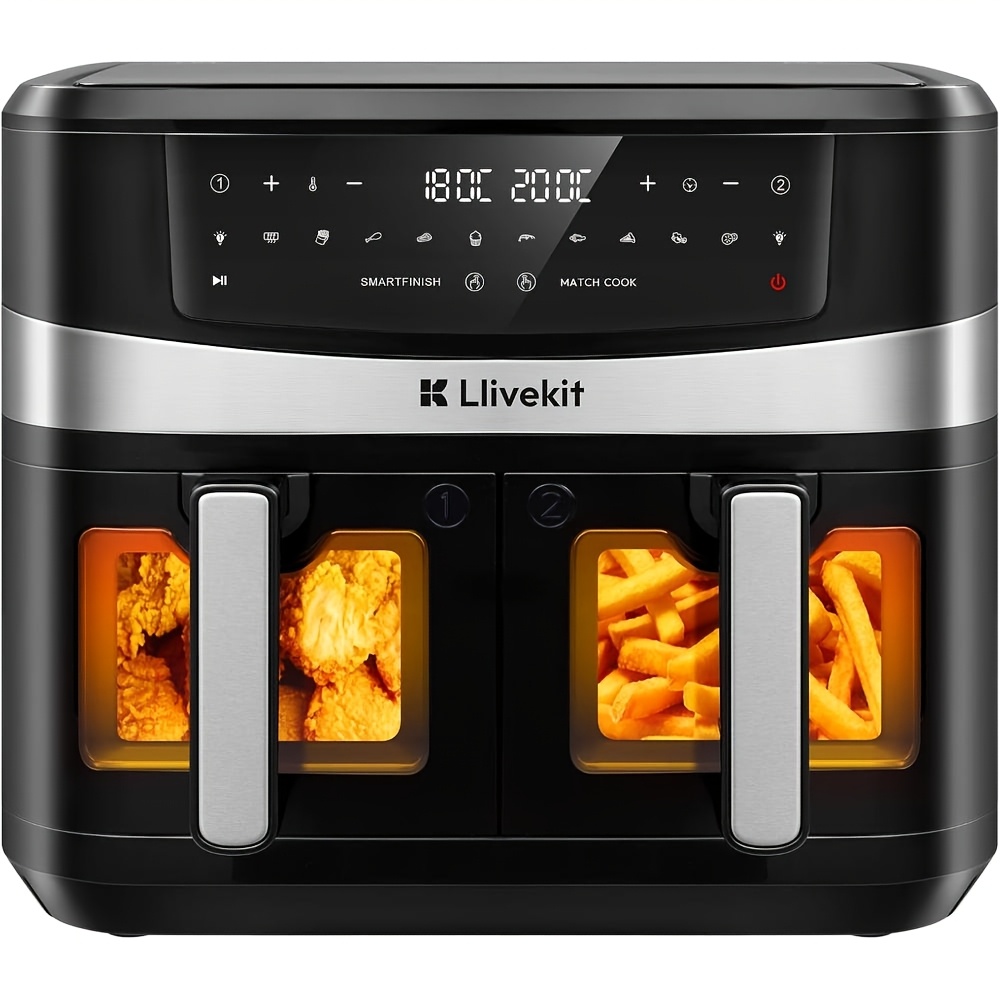 E-shop 10 Liter Heißluftfritteuse, 12 voreingestellte Menüs, intelligentes Kochen, 2800W, Dual-Korb, gleichzeitige Nutzung, Digitalanzeige-Touchscreen,
