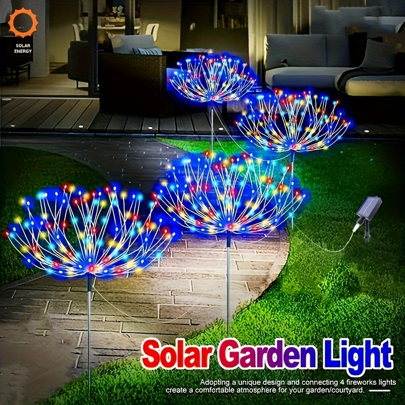 

4-piece Solar Firework Lights With 240 Leds - 8 Flashing Modes, Outdoor/indoor Stakes For Garden, Pathway, Patio & Balcony Decor - Perfect For Holiday Parties & Christmas