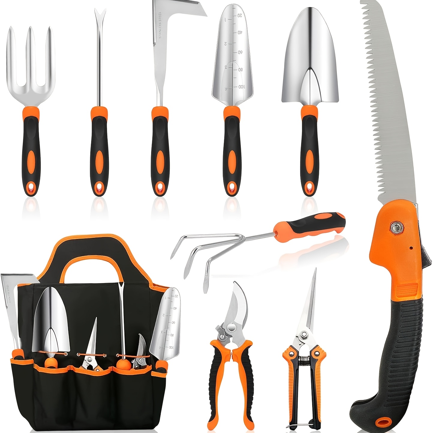 Garden Tool Set, Stainless Steel Heavy Duty Gardening Tool Set, Heavy Duty 10pcs Yard Tools with Non-Slip Handles, Gift Tote Bag Included, Halloween, Christmas Gifts