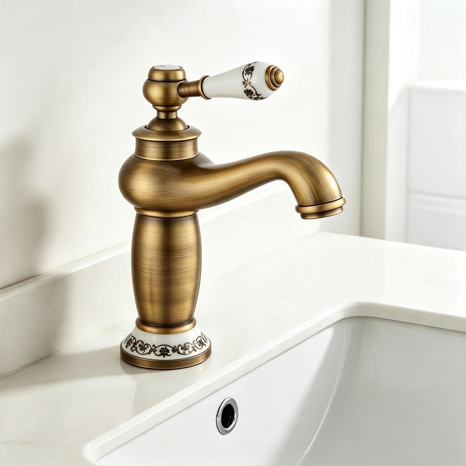 Image of Retro Antique Brass Bathroom Sink Faucet, Single Lever Basin Mixer Tap With Ceramic Handle, Water