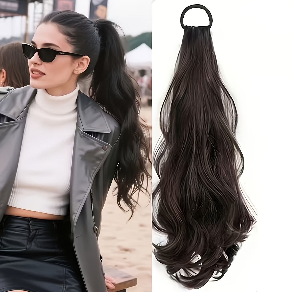TEMU 22-inch Elastic Band Large Wave Ponytail Wig For Women, High-temperature Fiber Realistic Long Curly Hair, Multiple Colors Available, Tie-on