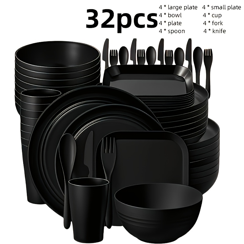 TEMU 32/64pcs Black Pp Tableware Set Stackable Design Storage Space Durable And Lightweight Kitchen Set Ideal For Picnics, Camping, Rvs, And