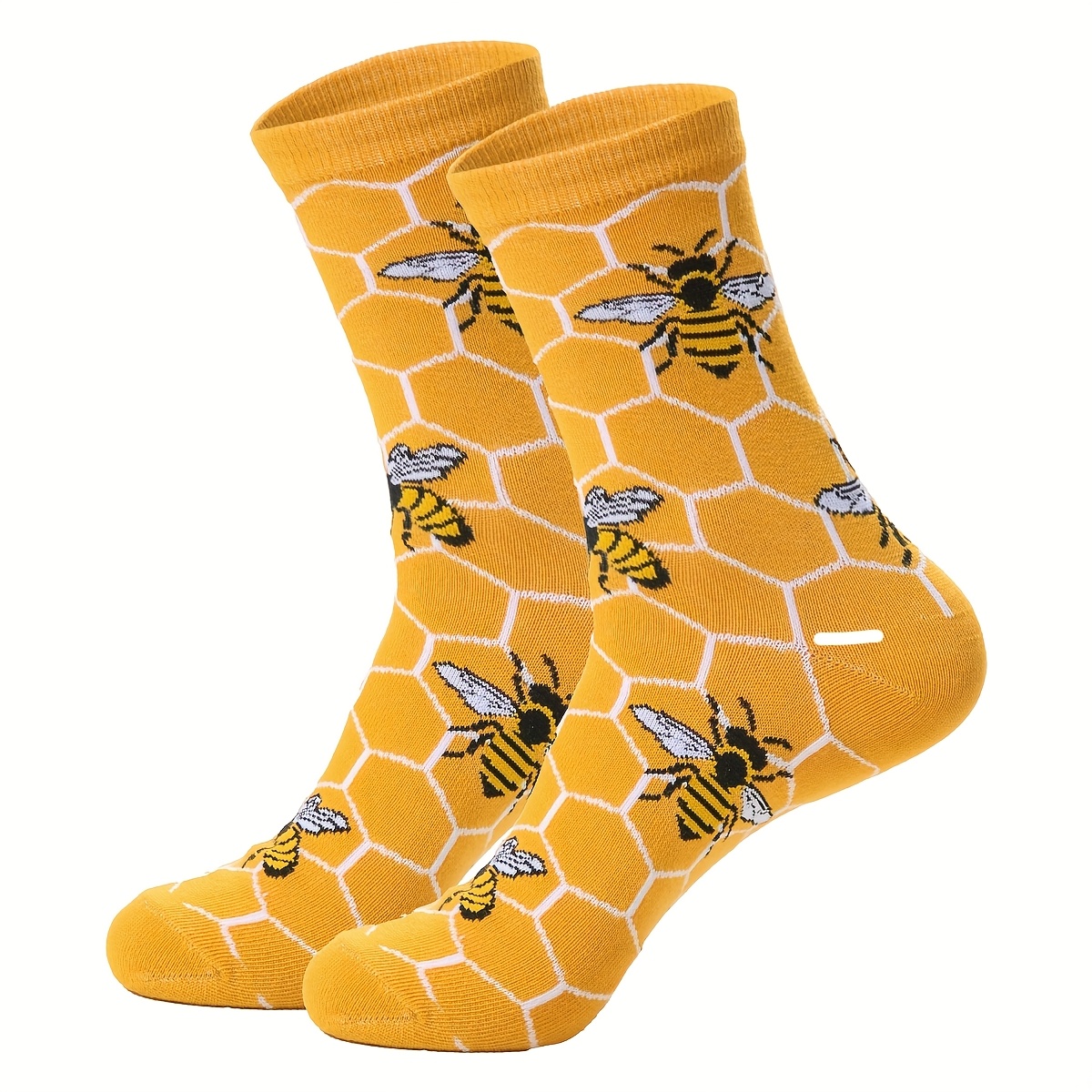 TEMU 1 Pair Men'-themed Mid-calf Socks - Cute Bee & Beehive Cartoon Design, Casual For Casual Attire, Office, Home & Outdoor Use - Fun Novelty Socks For S & (hand Wash Only)