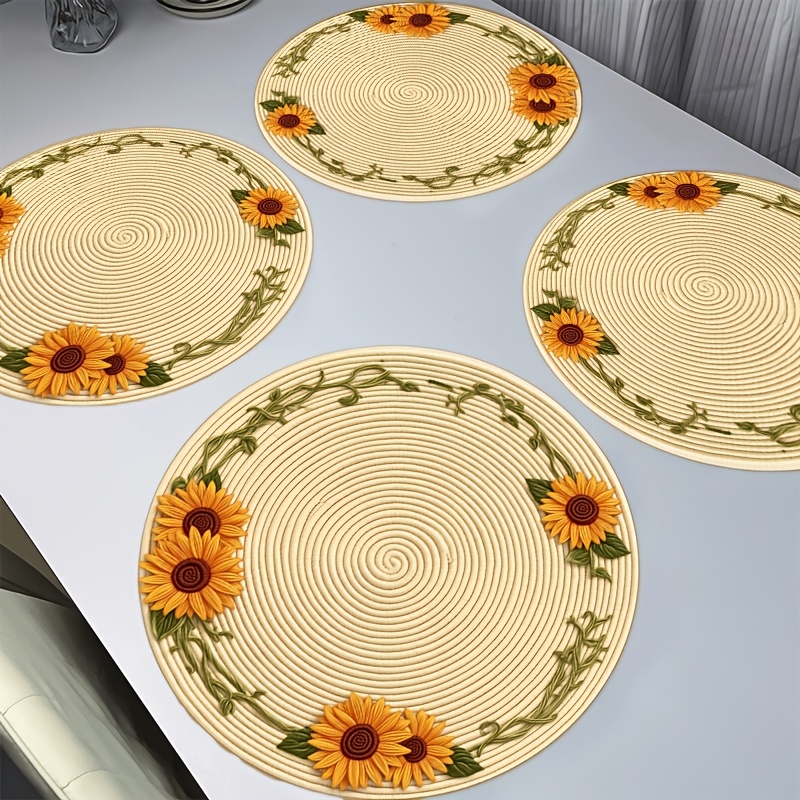 TEMU 4pcs, Round Placemat, Sunflower Vine 15 X 15 Inch, Non-slip Machine Washable, Durable And Easy To Clean, Perfect For Home Decor, Everyday Use,
